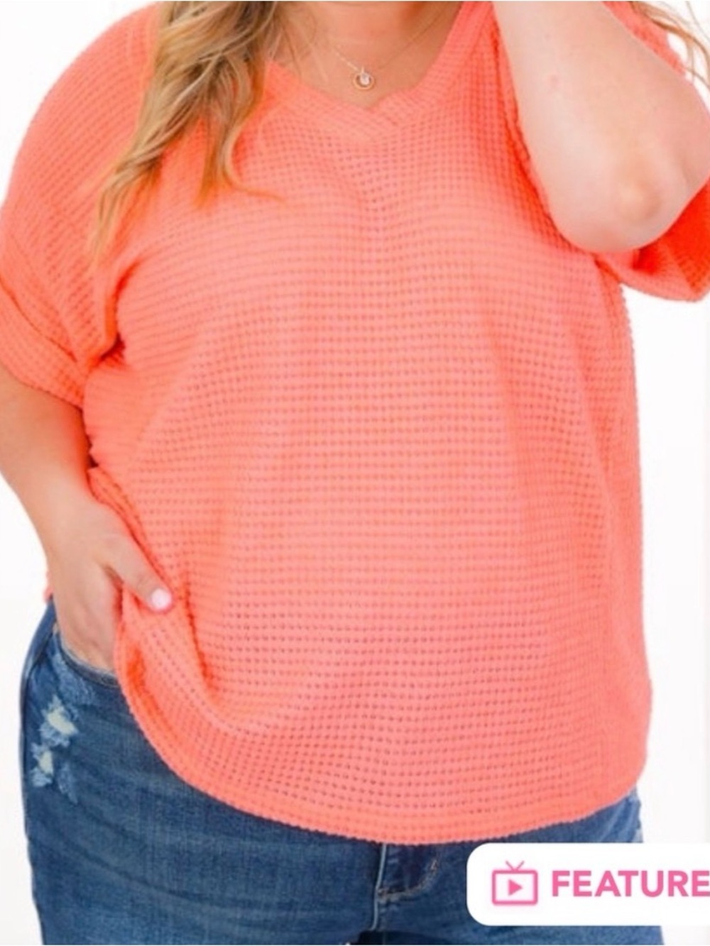 Andree by Unit Coral Waffle Knit V-Neck Top Oversized EUC